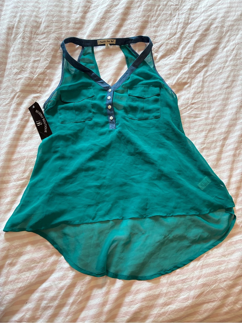 Double Zero Teal V-Neck Racerback Tank with Navy Trim